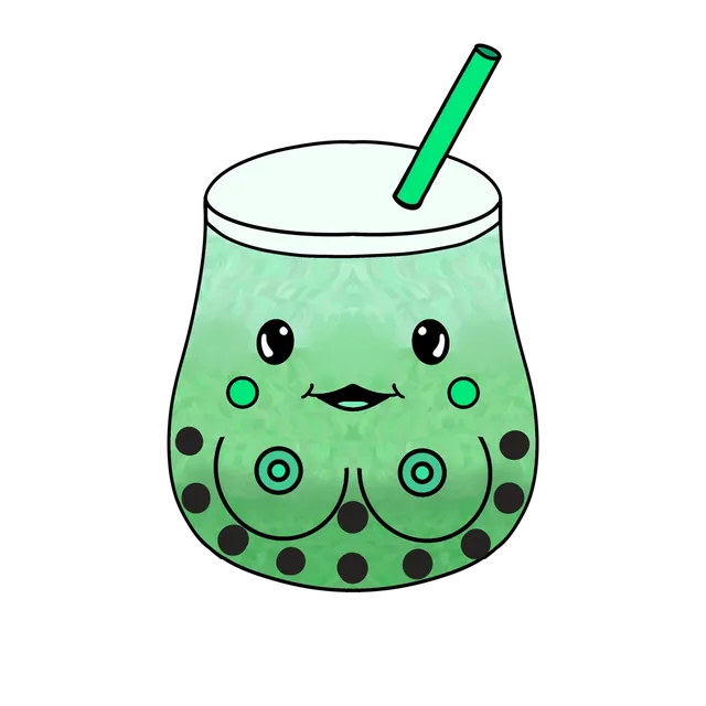 Booba T, a mint green boba tea cup whose boba pearls are drawn as nipples