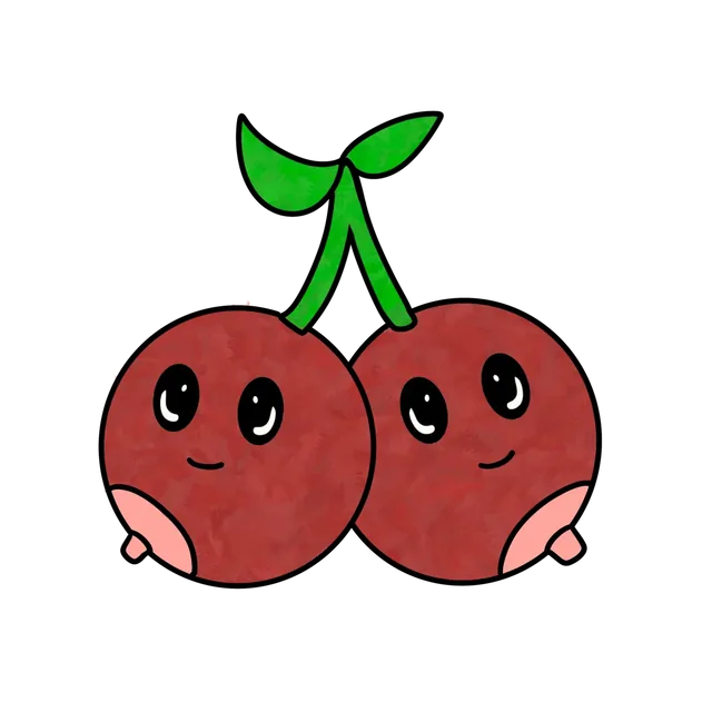 Candy and Mandy, two red cherries joined at the stem, each smoking a cigarette