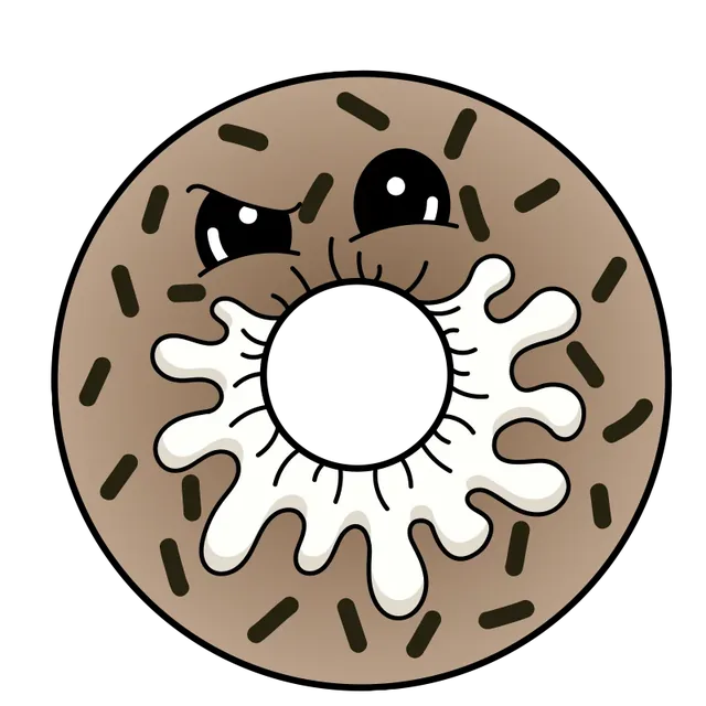 K'ream, an angry chocolate sprinkle donut with a white cream splash around its hole