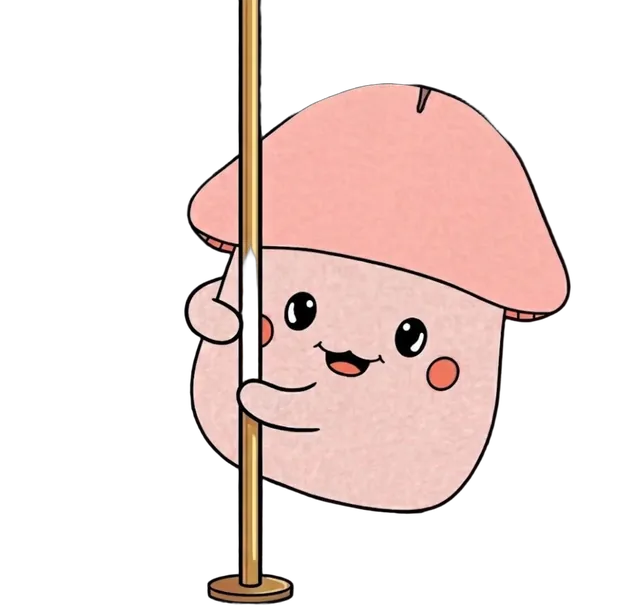 Tip, a soft pink mushroom with a slit on his cap, hugging a stripper pole