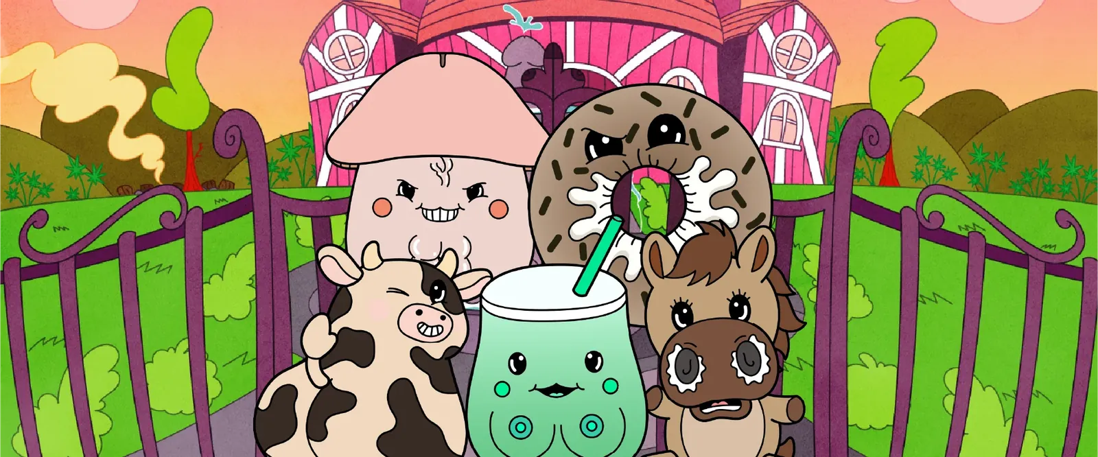 Tip, K'ream, Moo Mami, Booba T and Ketara crowding a purple gate in front of a pink barn