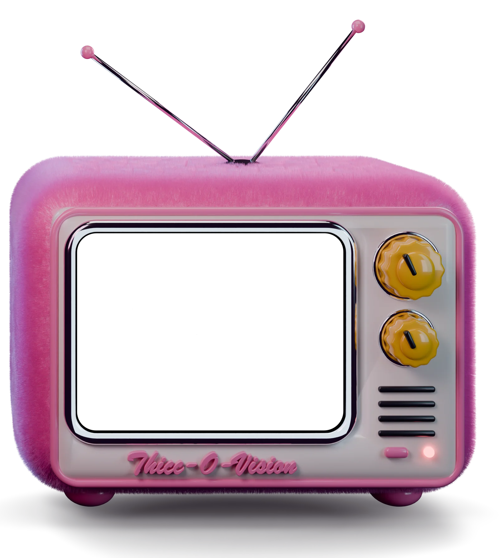 A fuzzy hot-pink plush CRT television with chrome rabbit ears, chunky yellow knobs and a Thicc-O-Vision badge